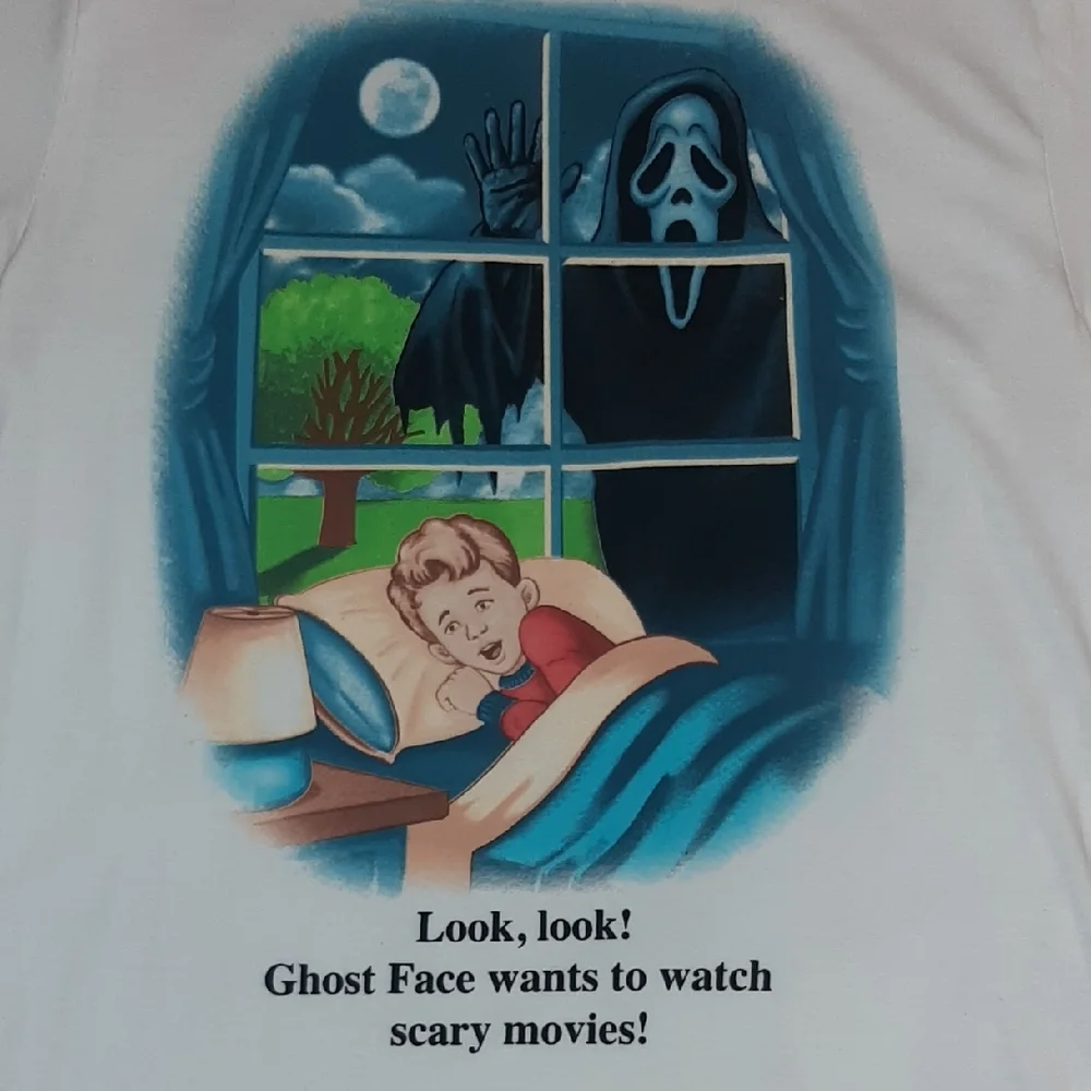 'GHOST FACE'๐ฑ"Look,look" White Graphic Horror Tee in EUC 100% Cotton Sz L - Picture 2 of 10